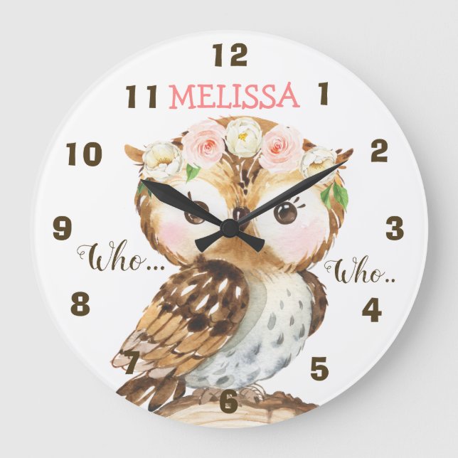Blommigt Uggla Nursery Wall Clock Stor Klocka (Framsida)
