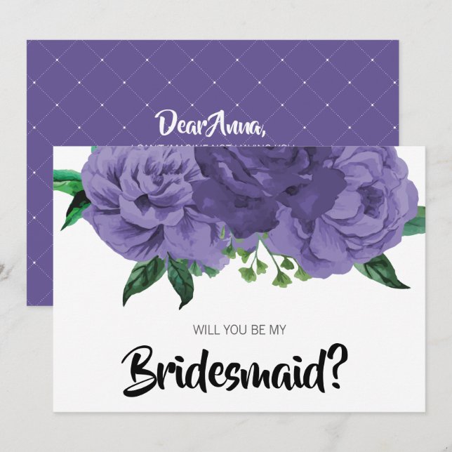 Blommigt Ultra Violet Lila blir mitt Bridesmaid-ko Inbjudningar (Fram/baksida)