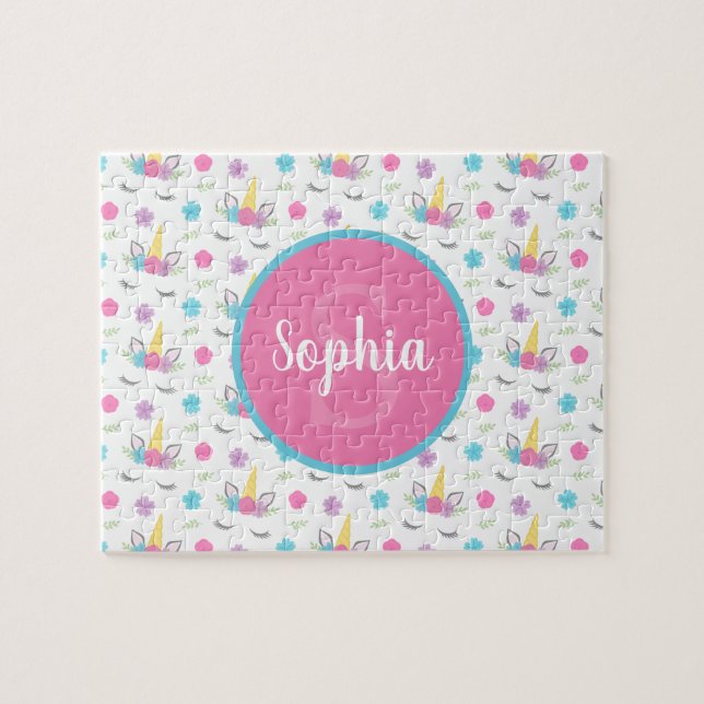 Blommigt Unicorn Ansikte Personlig Monogram Kids Pussel (Horisontell)