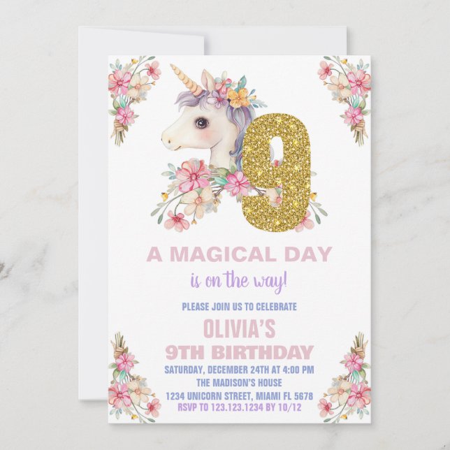 Blommigt Unicorn Birthday Bjuder Glitter Inbjudningar (Framsida)