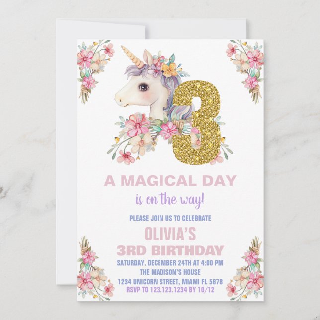 Blommigt Unicorn Birthday Bjuder Glitter Inbjudningar (Framsida)