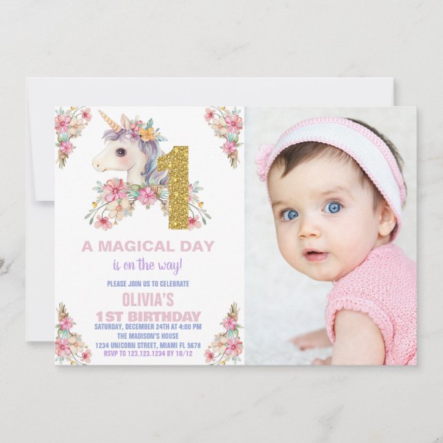 Blommigt Unicorn Birthday Bjuder Glitter Inbjudningar (Framsida)