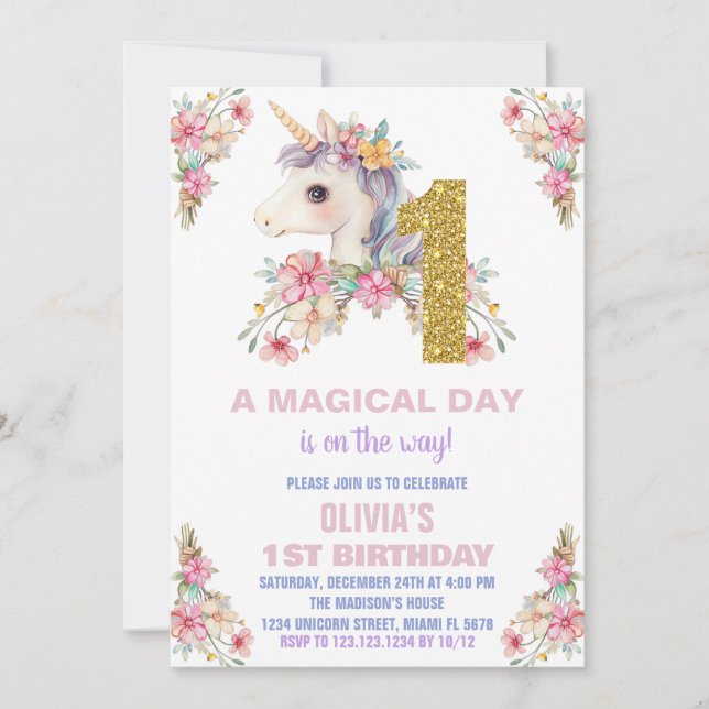 Blommigt Unicorn Birthday Bjuder Glitter Inbjudningar (Framsida)