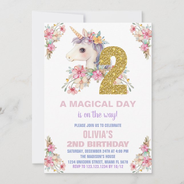 Blommigt Unicorn Birthday Bjuder Glitter Inbjudningar (Framsida)