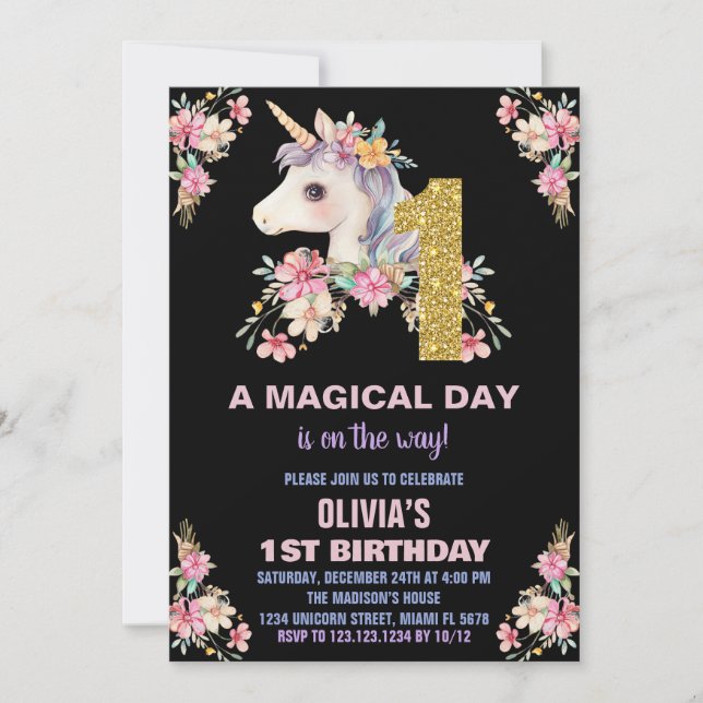 Blommigt Unicorn Birthday Bjuder Glitter Inbjudningar (Framsida)