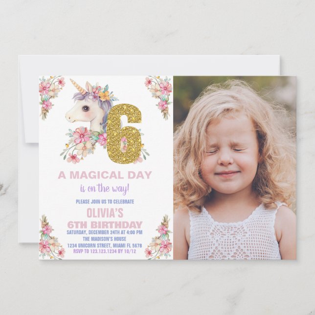 Blommigt Unicorn Birthday Inbjudan Glitter fotot (Framsida)