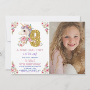 Blommigt Unicorn Birthday Inbjudan Glitter fotot