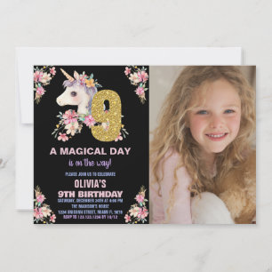 Blommigt Unicorn Birthday Inbjudan Glitter fotot