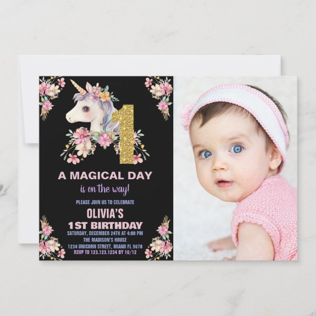 Blommigt Unicorn Birthday Inbjudan Glitter fotot (Framsida)