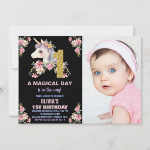 Blommigt Unicorn Birthday Inbjudan Glitter fotot