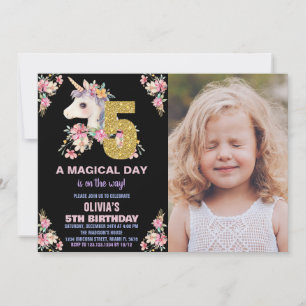Blommigt Unicorn Birthday Inbjudan Glitter fotot