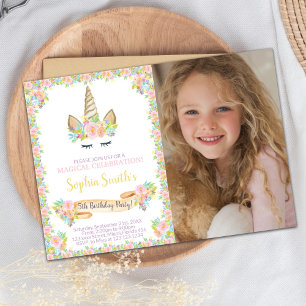 Blommigt Unicorn Birthday-inbjudan med foto Inbjudningar