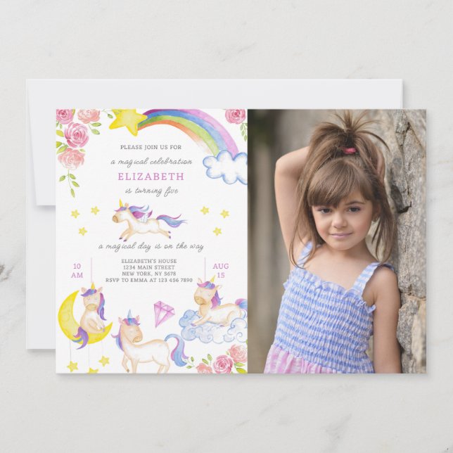 Blommigt Unicorn Birthday-inbjudan med foto Inbjudningar (Framsida)