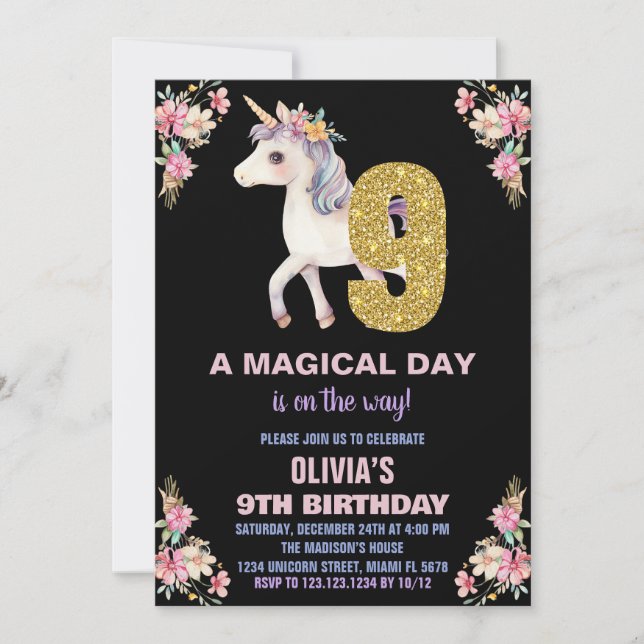 Blommigt Unicorn Birthday-inbjudningar Inbjudningar (Framsida)