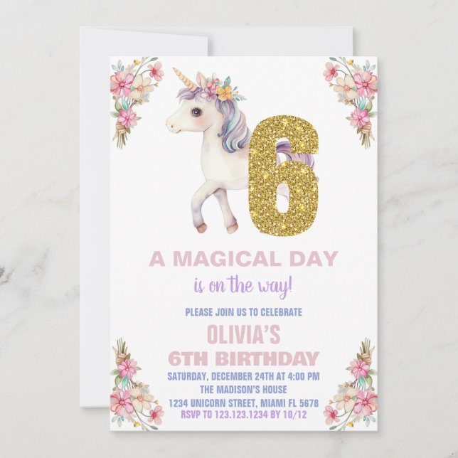 Blommigt Unicorn Birthday-inbjudningar Inbjudningar (Framsida)