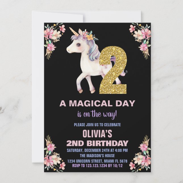 Blommigt Unicorn Birthday-inbjudningar Inbjudningar (Framsida)
