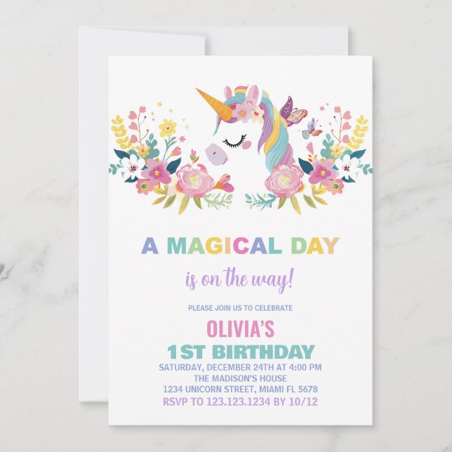 Blommigt Unicorn Birthday-inbjudningar Inbjudningar (Framsida)