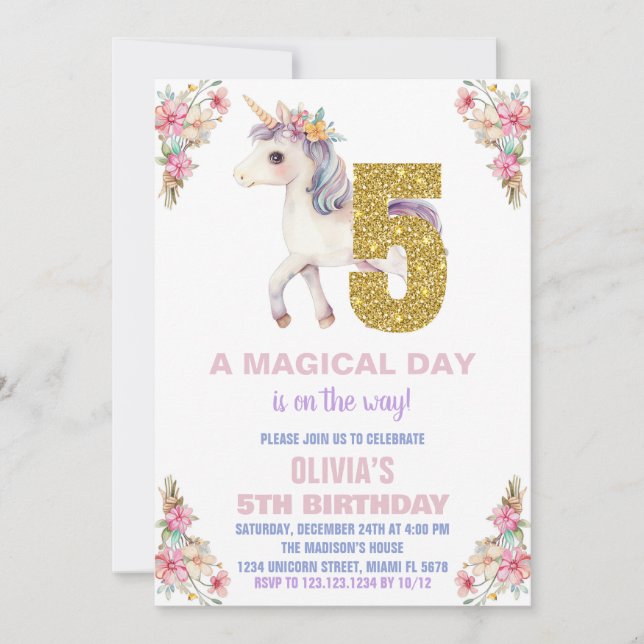 Blommigt Unicorn Birthday-inbjudningar Inbjudningar (Framsida)