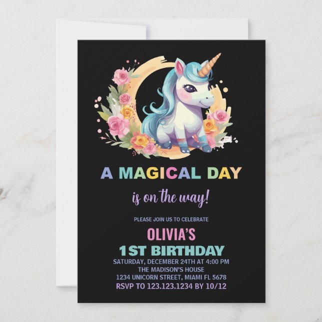 Blommigt Unicorn Birthday-inbjudningar Inbjudningar (Framsida)