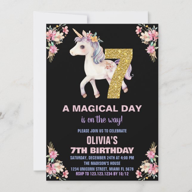 Blommigt Unicorn Birthday-inbjudningar Inbjudningar (Framsida)