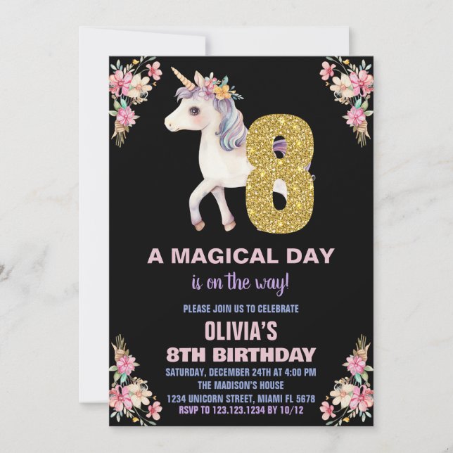 Blommigt Unicorn Birthday-inbjudningar Inbjudningar (Framsida)
