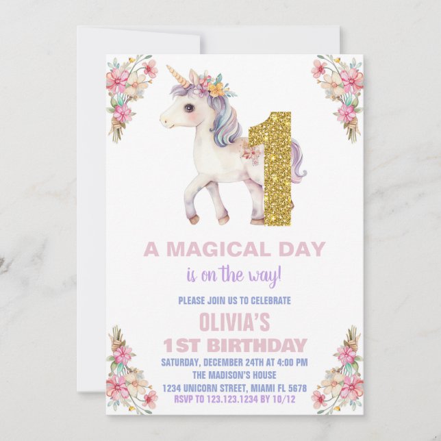 Blommigt Unicorn Birthday-inbjudningar Inbjudningar (Framsida)