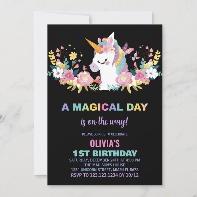 Blommigt Unicorn Birthday-inbjudningar Inbjudningar (Framsida)