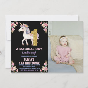 Blommigt Unicorn Birthday-inbjudningar med foto Inbjudningar