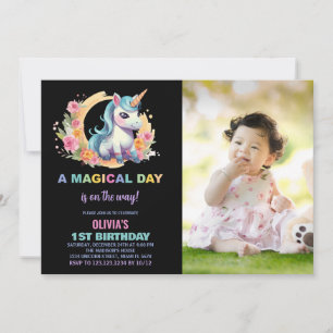 Blommigt Unicorn Birthday-inbjudningar med foto Inbjudningar