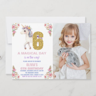 Blommigt Unicorn Birthday-inbjudningar med foto Inbjudningar