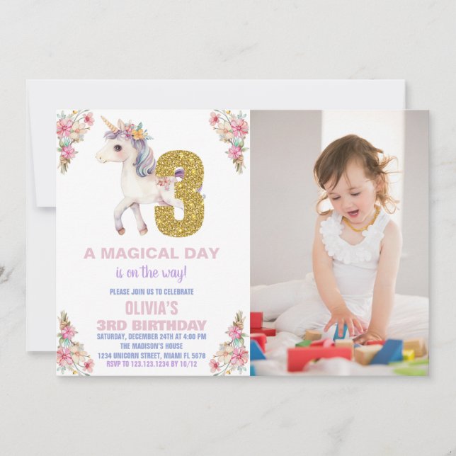Blommigt Unicorn Birthday-inbjudningar med foto Inbjudningar (Framsida)
