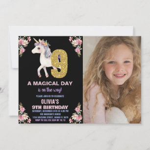 Blommigt Unicorn Birthday-inbjudningar med foto Inbjudningar
