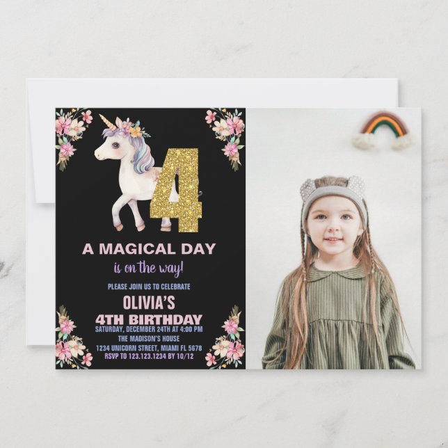 Blommigt Unicorn Birthday-inbjudningar med foto Inbjudningar (Framsida)