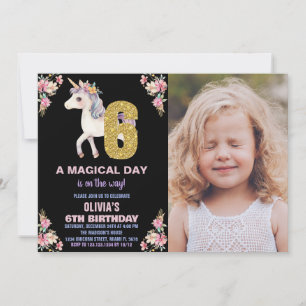 Blommigt Unicorn Birthday-inbjudningar med foto Inbjudningar