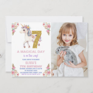 Blommigt Unicorn Birthday-inbjudningar med foto Inbjudningar