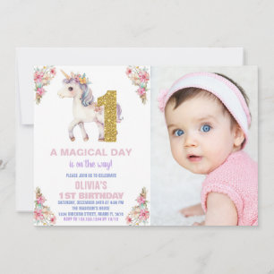 Blommigt Unicorn Birthday-inbjudningar med foto Inbjudningar