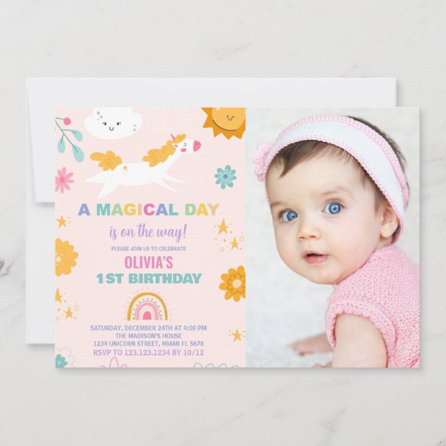 Blommigt Unicorn Birthday-inbjudningar med foto Inbjudningar (Framsida)