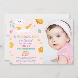 Blommigt Unicorn Birthday-inbjudningar med foto Inbjudningar