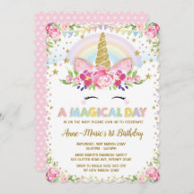 Blommigt Unicorn Birthday Rosa Guld Party Inbjudan