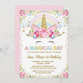 Blommigt Unicorn Birthday Rosa Guld Party Inbjudan