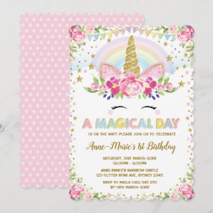Blommigt Unicorn Birthday Rosa Guld Party Inbjudan