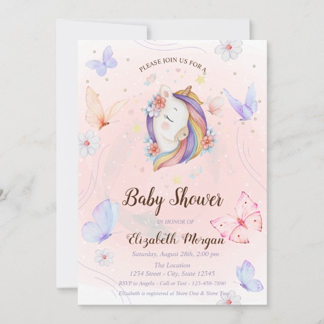 Blommigt Unicorn Butterflies Stars Baby Shower Inbjudningar (Framsida)