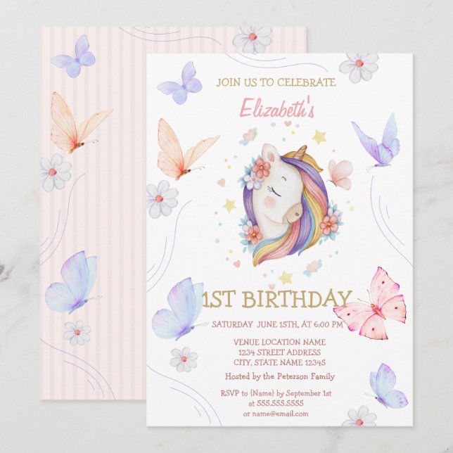 Blommigt Unicorn Butterflies Stripe Birthday Inbjudningar (Fram/baksida)