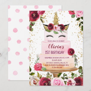 Blommigt Unicorn Cake Birthday-inbjudan Inbjudningar