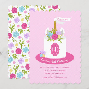 Blommigt Unicorn Cake Födelsedagsfest inbjudan