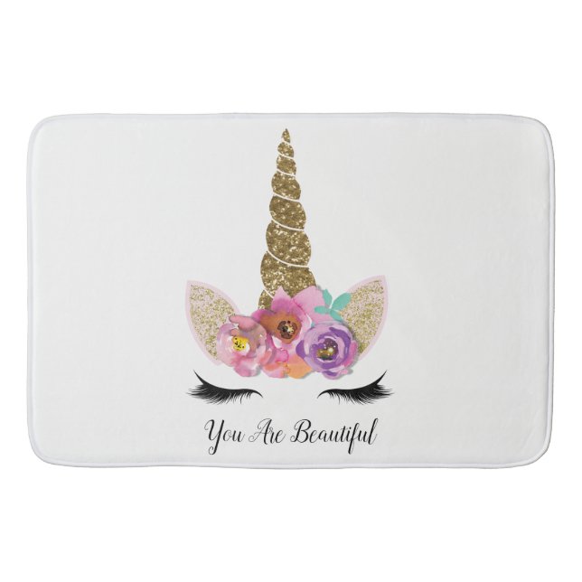 Blommigt Unicorn Guld Glitter Girly Girls Gnistra Badrumsmatta (Framsidan)