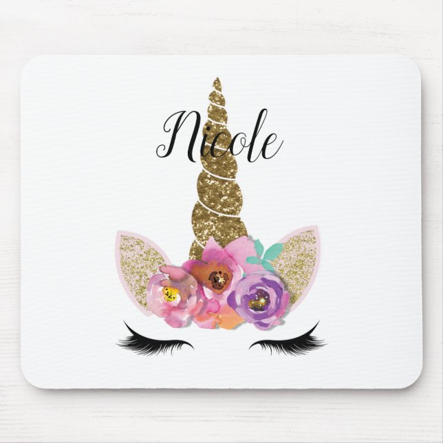 Blommigt Unicorn Guld Glitter Girly Girls Gnistra Musmatta (Framsidan)