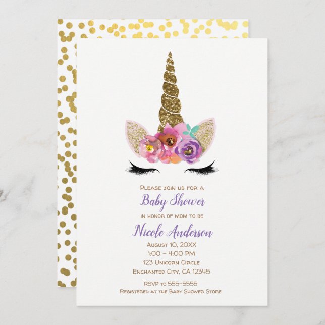 Blommigt Unicorn Horn Guld Confetti Baby Shower Inbjudningar (Fram/baksida)