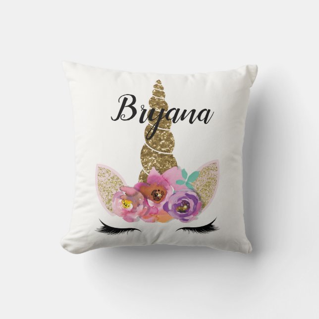 Blommigt Unicorn Horn Modern Girly Glam Gnistra Kudde (Framsida)