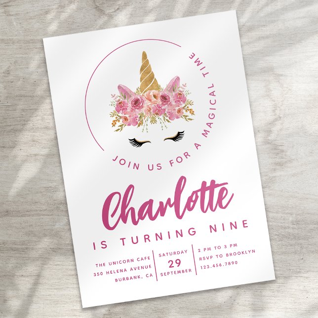 Blommigt Unicorn Magic Födelsedagsfest Inbjudningar (Skapare uppladdad)